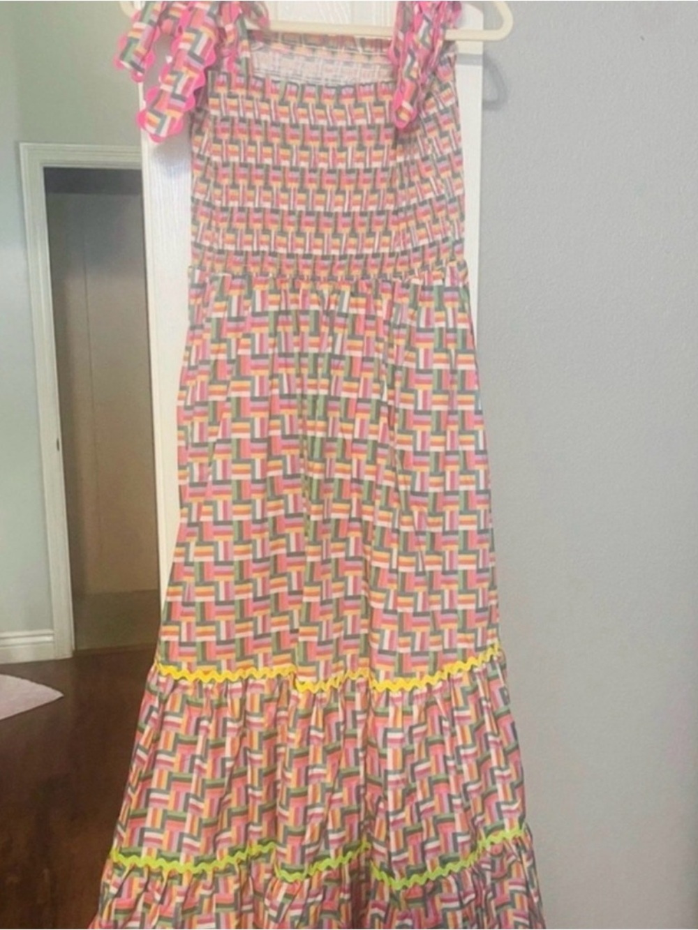 Brianna Cannon Geometric Print Maxi Dress with Smocked Bodice - Pink Mix